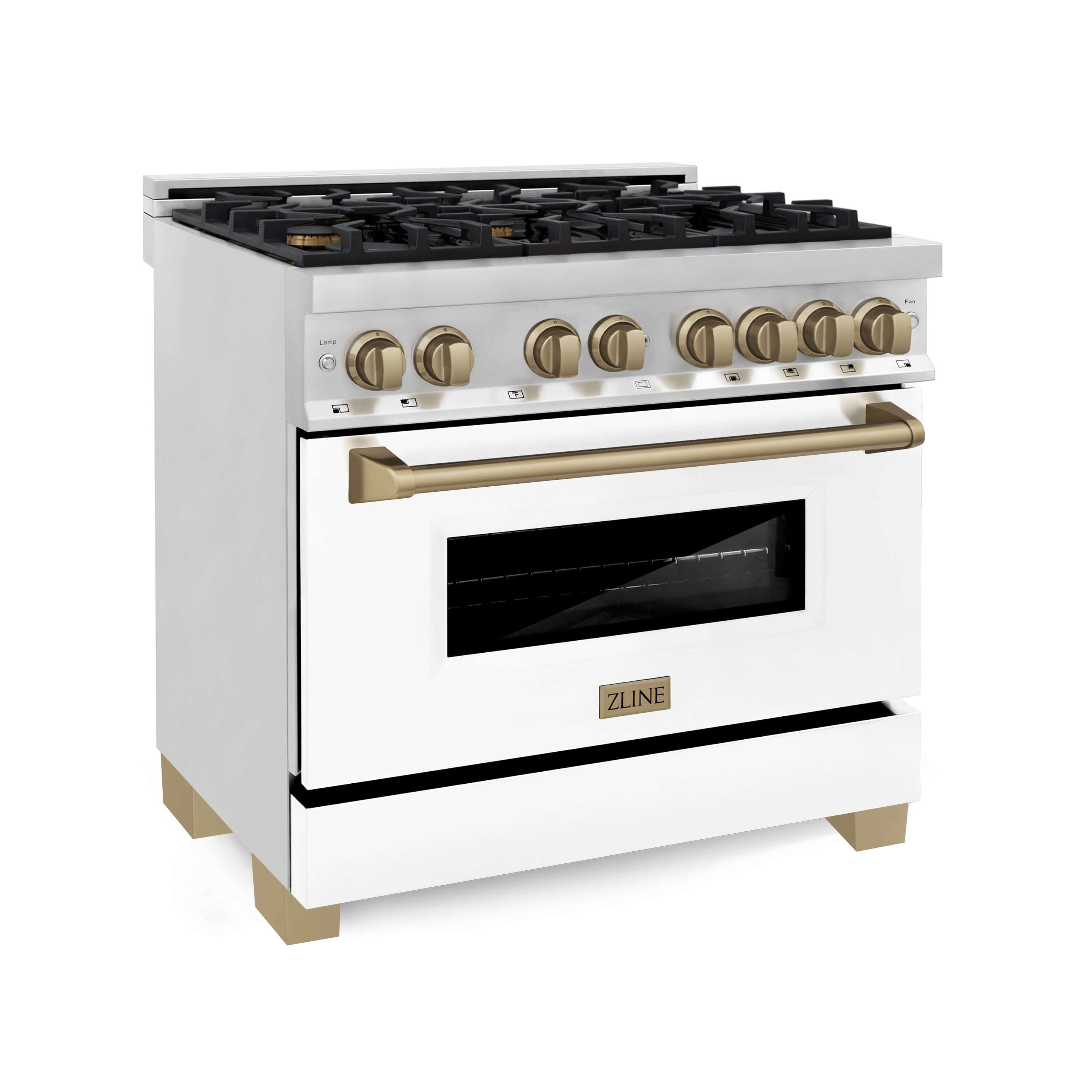 ZLINE Autograph Edition 36" Dual Fuel Range with White Matte oven door and Champagne Bronze accents.
