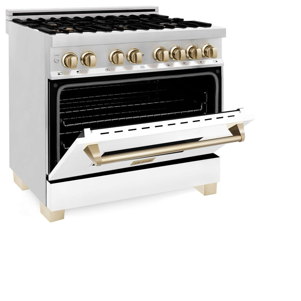 ZLINE 36 in. Autograph Edition Kitchen Package with Stainless Steel Dual Fuel Range with White Matte Door and Range Hood with Polished Gold Accents (2AKP-RAWMRH36-G)