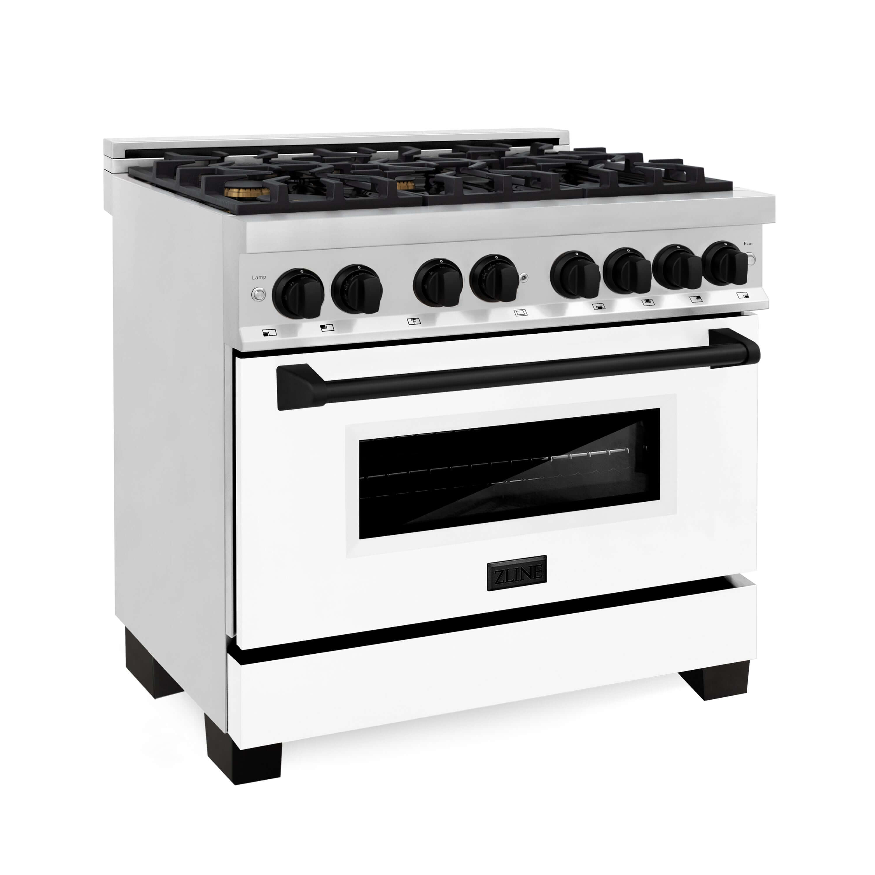 ZLINE Autograph Edition 36 in. Kitchen Package with Stainless Steel Dual Fuel Range with White Matte Door and Range Hood with Matte Black Accents (2AKP-RAWMRH36-MB)