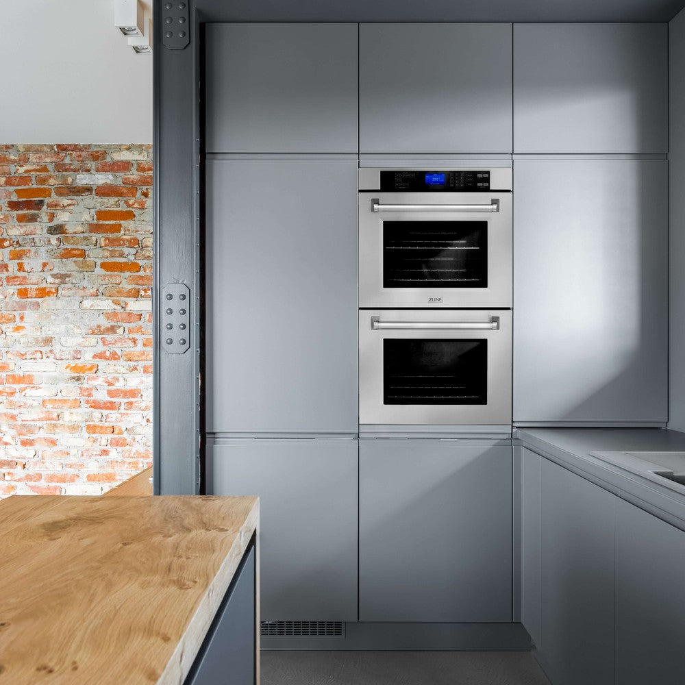 ZLINE double wall oven built-in to wall of modern industrial-style kitchen.