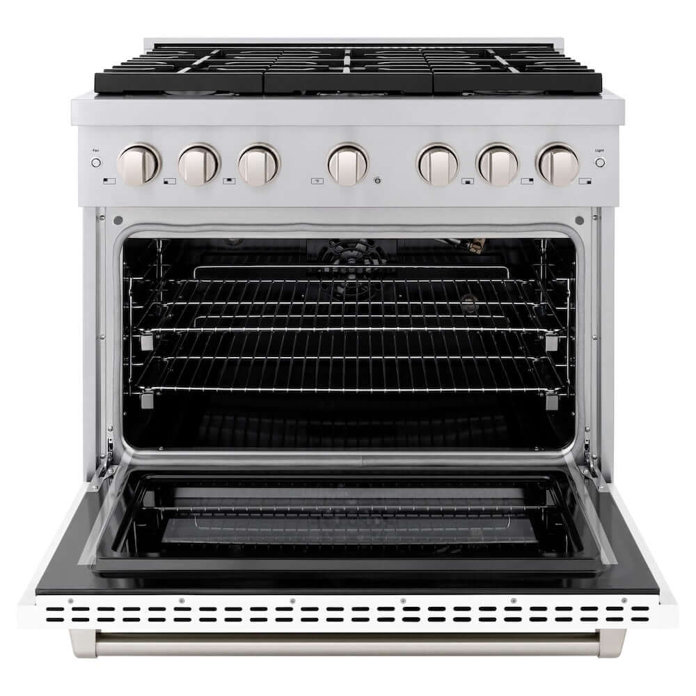 ZLINE 36 in. 5.2 cu. ft. Paramount Gas Range with 6 Burner Cooktop and Convection Gas Oven in Stainless Steel with White Matte Door (SGR-WM-36) front, oven open.