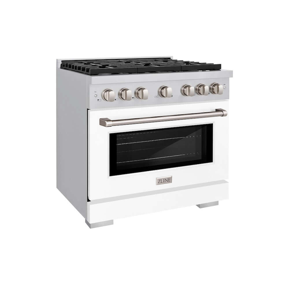 ZLINE 36 in. 5.2 cu. ft. Paramount Gas Range with 6 Burner Cooktop and Convection Gas Oven in Stainless Steel with White Matte Door (SGR-WM-36) main image.