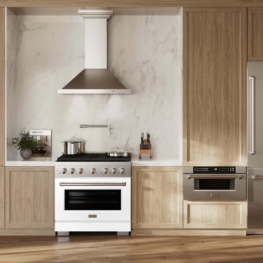 ZLINE 36-inch Gas Range with White Matte Oven Door (SGR-WM-36) in a luxury farmhouse-style kitchen, wide.