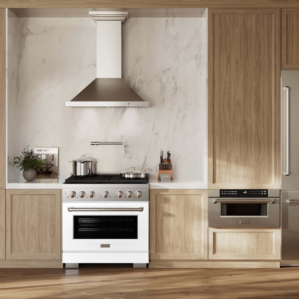 ZLINE 36 in. 5.2 cu. ft. Paramount Gas Range with 6 Burner Cooktop and Convection Gas Oven in Stainless Steel with White Matte Door (SGR-WM-36) in a luxury kitchen.