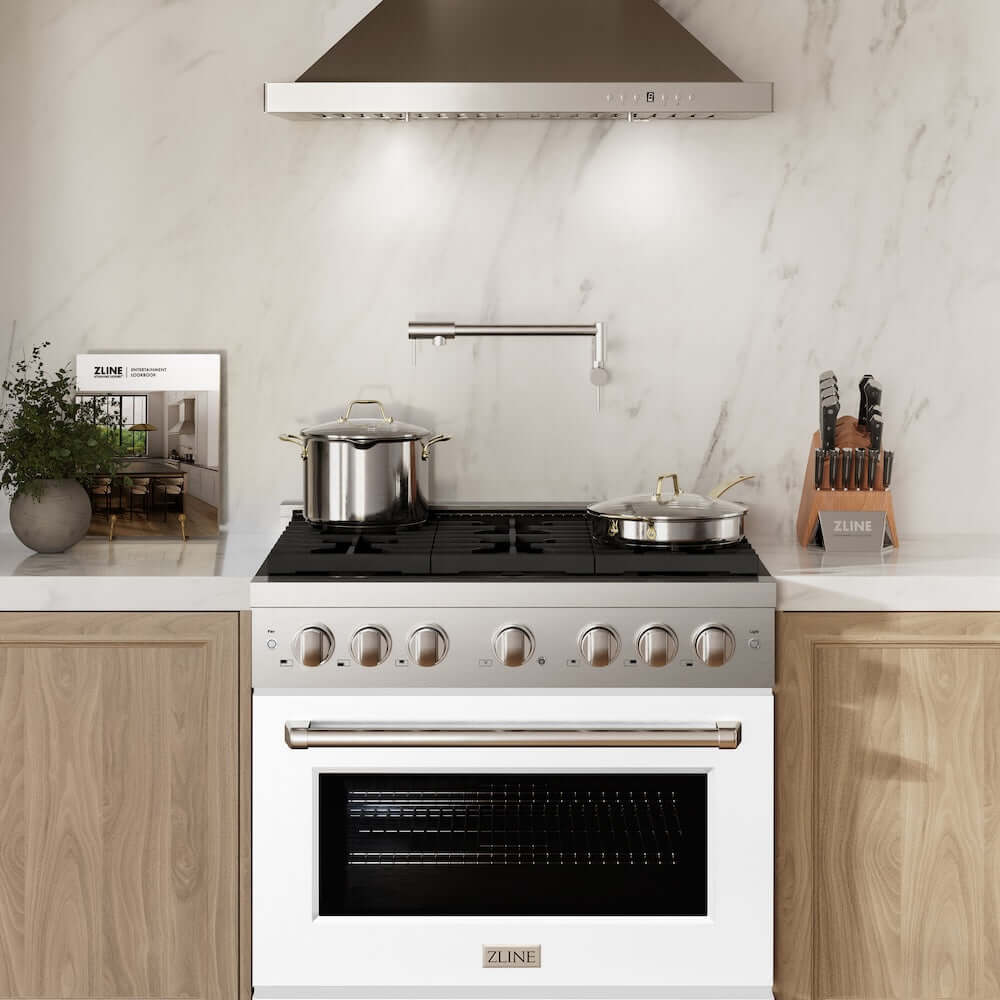 ZLINE 36-inch Gas Range with White Matte Oven Door (SGR-WM-36) in a luxury farmhouse-style kitchen, front.