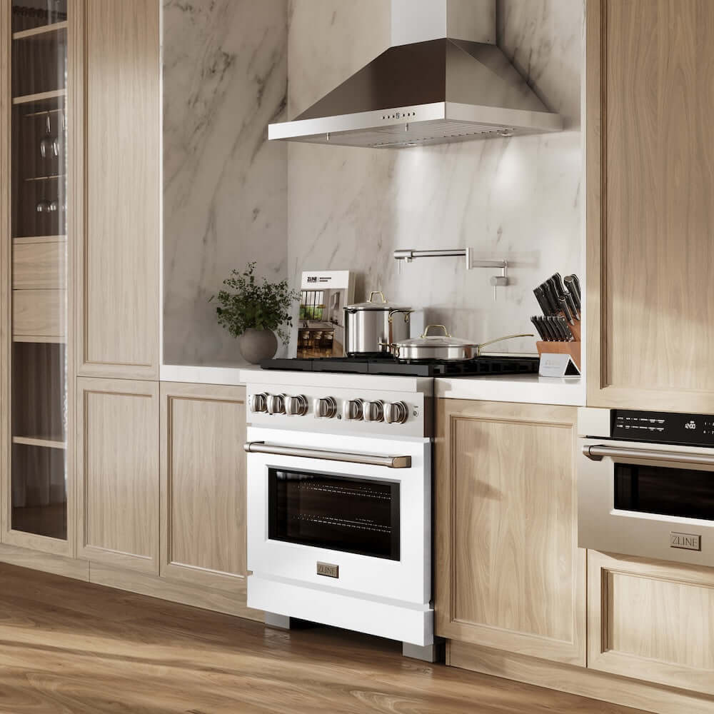ZLINE 36-inch Gas Range with White Matte Oven Door (SGR-WM-36) in a luxury farmhouse-style kitchen, side.