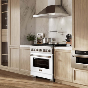 ZLINE 36 in. 5.2 cu. ft. Paramount Gas Range with 6 Burner Cooktop and Convection Gas Oven in Stainless Steel with White Matte Door (SGR-WM-36) in a luxury kitchen.