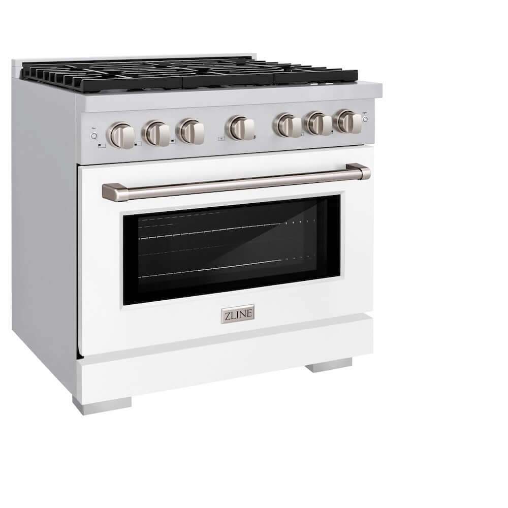ZLINE 36 in. 5.2 cu. ft. Paramount Gas Range with 6 Burner Cooktop and Convection Gas Oven in Stainless Steel with White Matte Door (SGR-WM-36) side, oven closed.