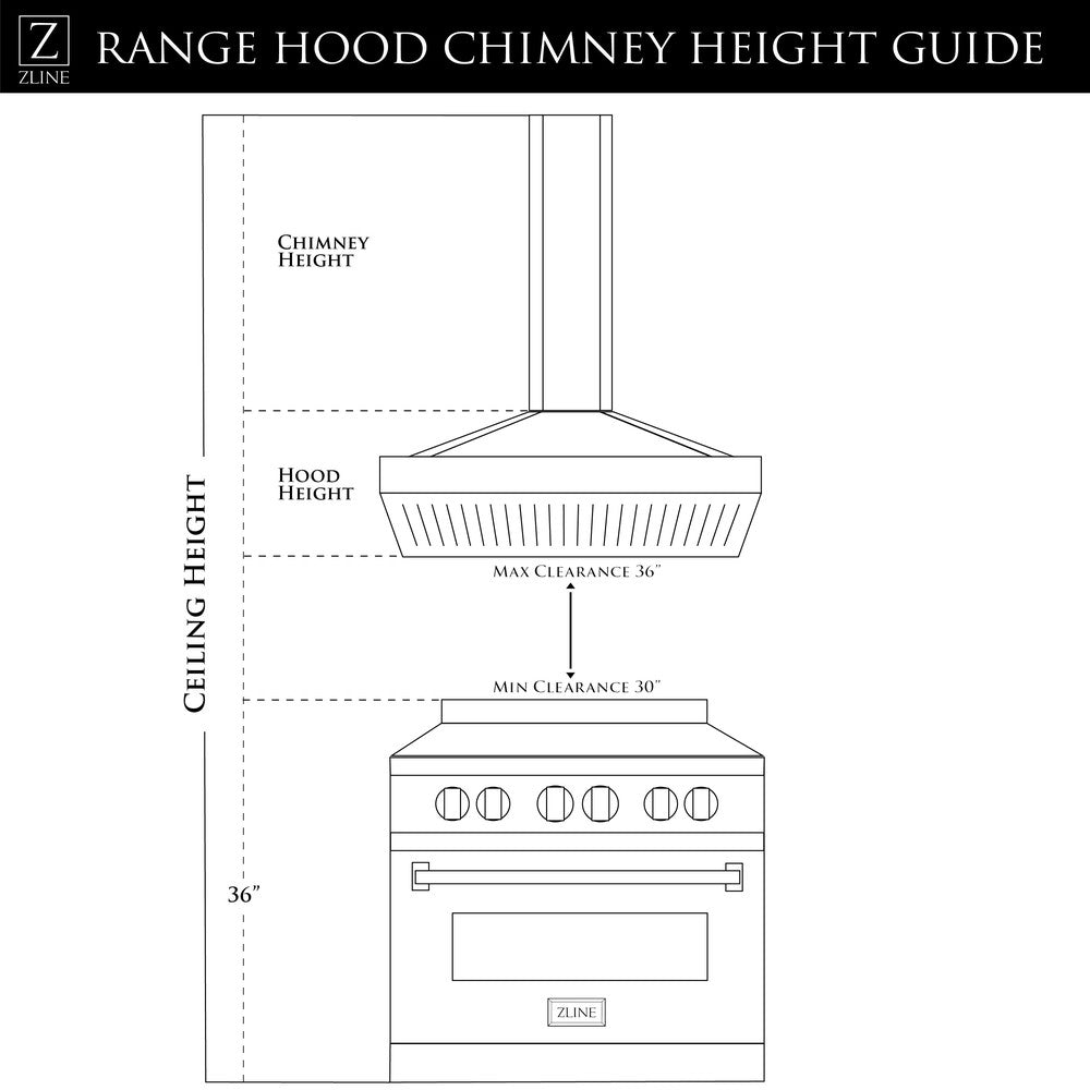 ZLINE Wall Mount Range Hood in Stainless Steel (KN6) chimney height guide.