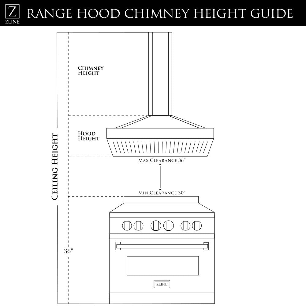ZLINE Convertible Vent Island Mount Range Hood in Stainless Steel and Glass (GL14i) chimney height guide.