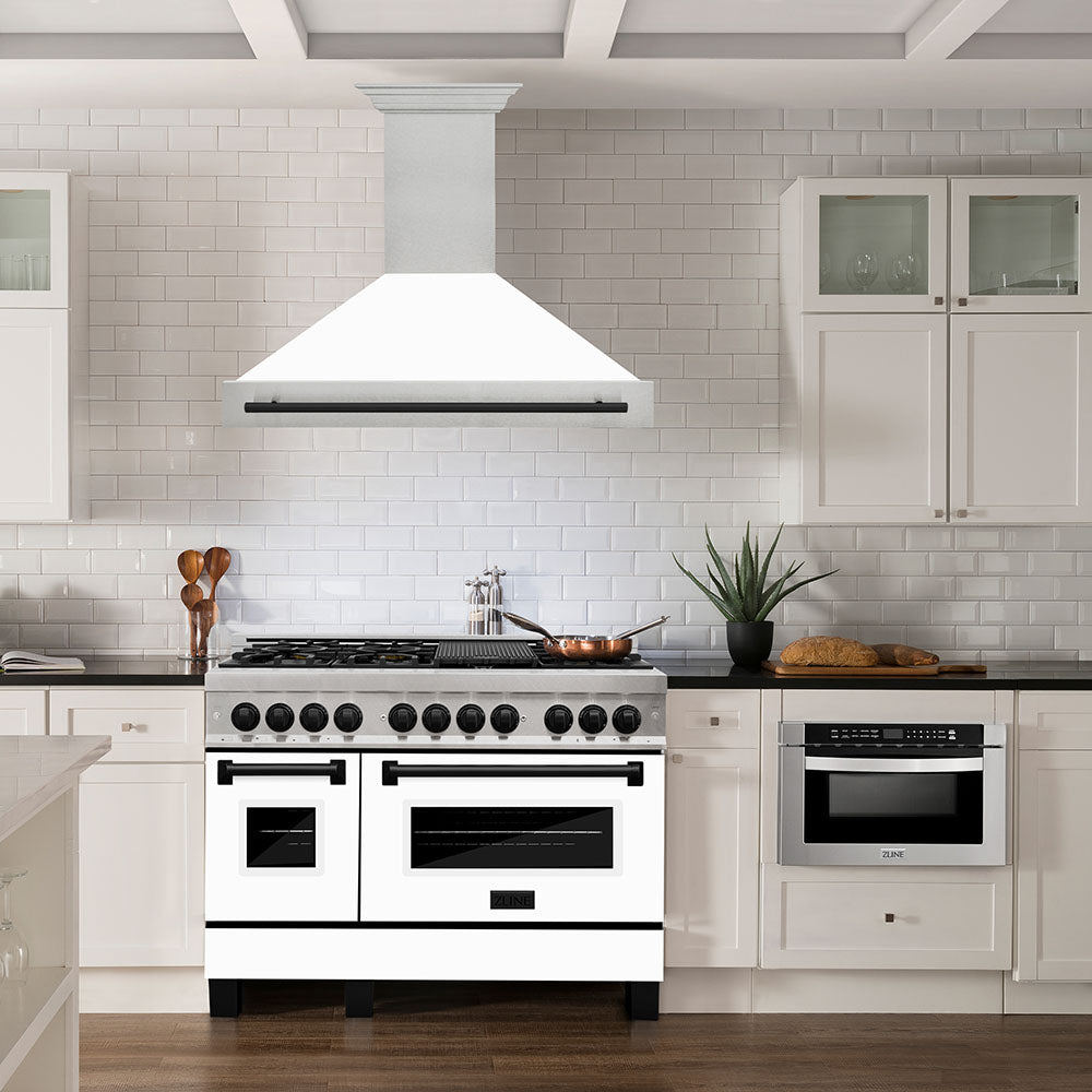 ZLINE range and range hood with white matte shell and matte black accents in farmhouse kitchen