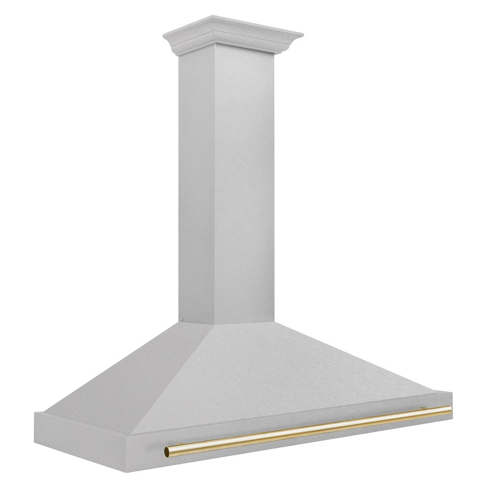 ZLINE 48 in. Autograph Edition DuraSnow Stainless Steel Range Hood with Polished Gold Accents side top.