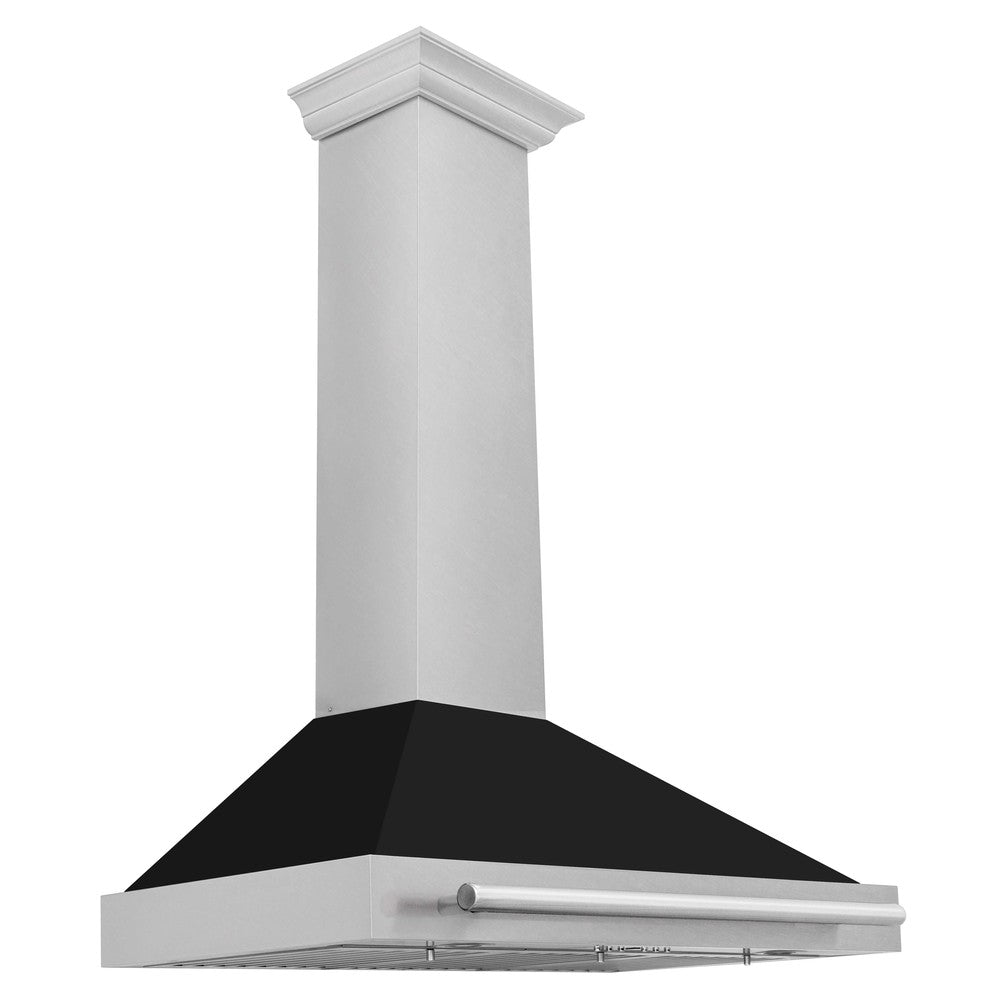 ZLINE 36 in. Stainless Steel Range Hood with Stainless Steel Handle and Black Matte shell side.