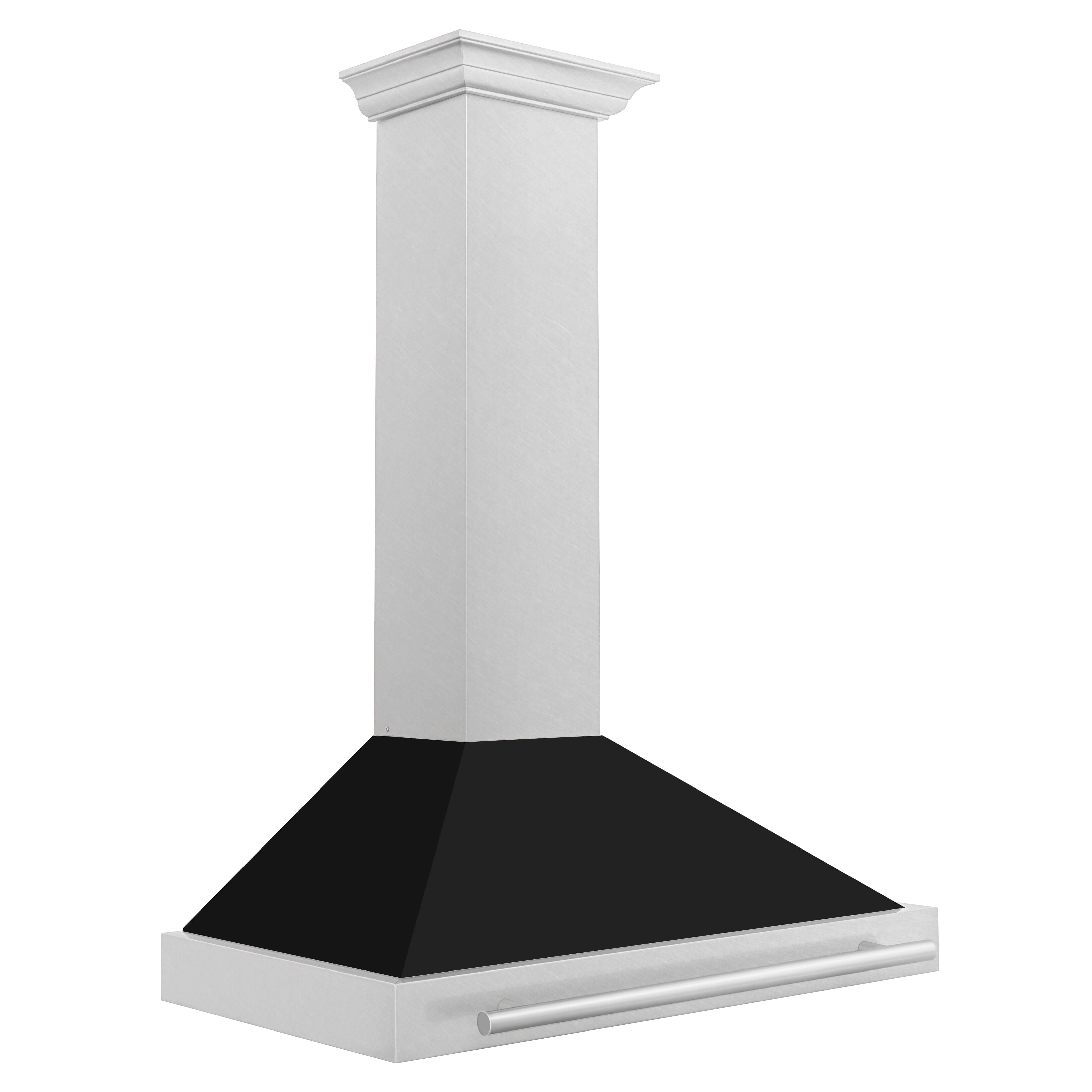 ZLINE 36 in. Stainless Steel Range Hood with Stainless Steel Handle and Black Matte shell top side.