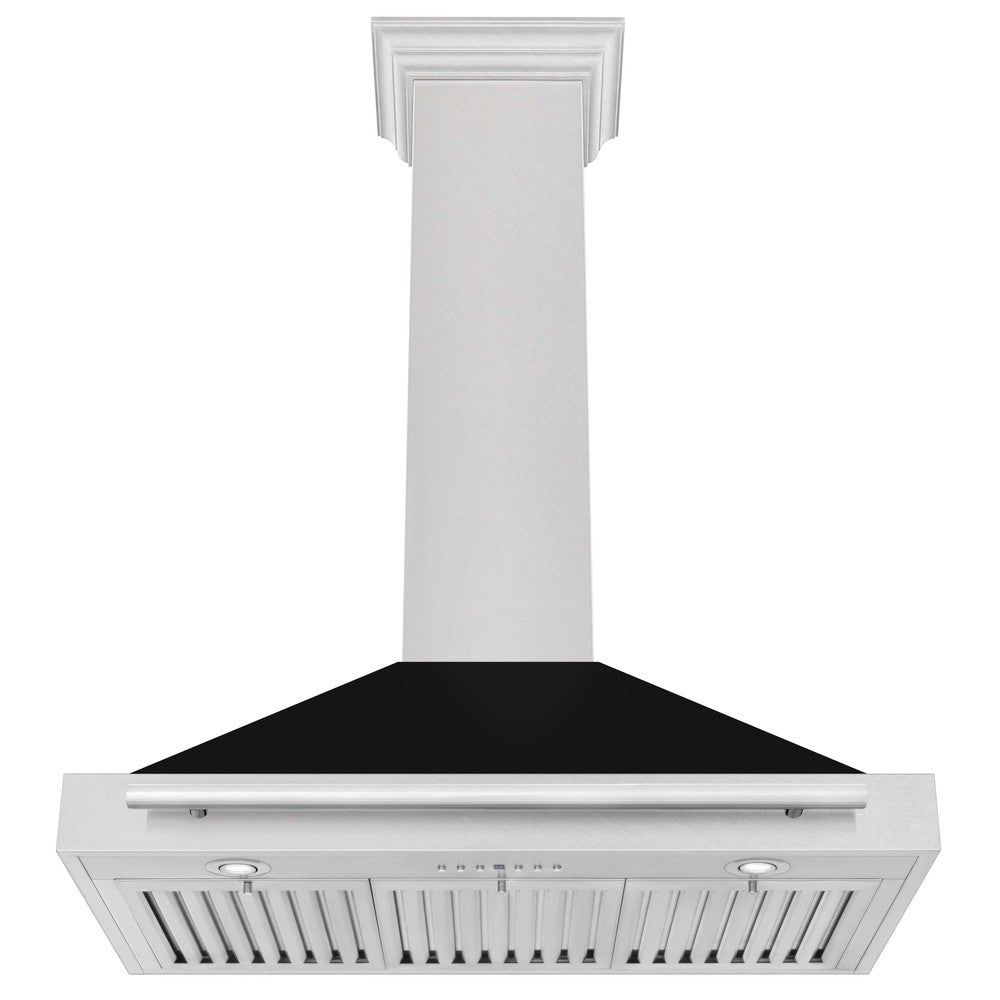 ZLINE 36 in. Stainless Steel Range Hood with Stainless Steel Handle and Black Matte shell front under.