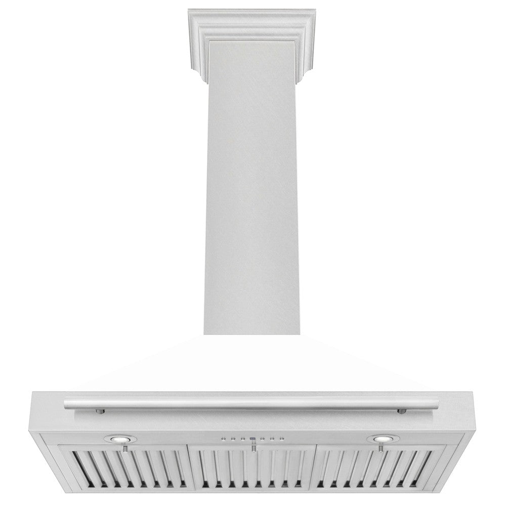 ZLINE 36 in. Stainless Steel Range Hood with Stainless Steel Handle and White Matte shell front under.