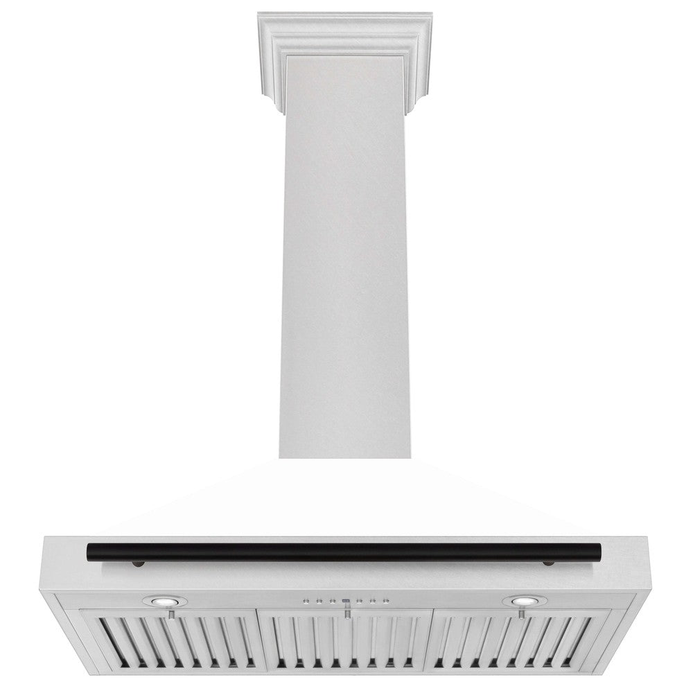 ZLINE 36 in. Autograph Edition in Fingerprint Resistant Stainless Steel Range Hood with White Matte Shell with Matte Black Handle Under View