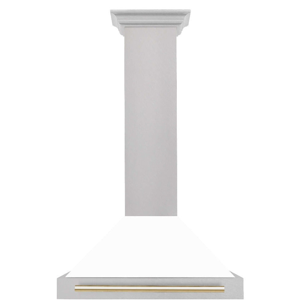 ZLINE Autograph Edition 30 in. Fingerprint Resistant Stainless Steel Range Hood with White Matte Shell and Accented Handle (KB4SNZ-WM30) front.