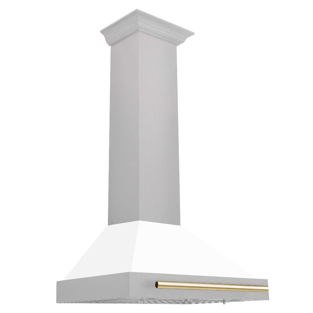 ZLINE Autograph Edition 30 in. Fingerprint Resistant Stainless Steel Range Hood with White Matte Shell and Accented Handle (KB4SNZ-WM30) DuraSnow Stainless Steel with Polished Gold Accent