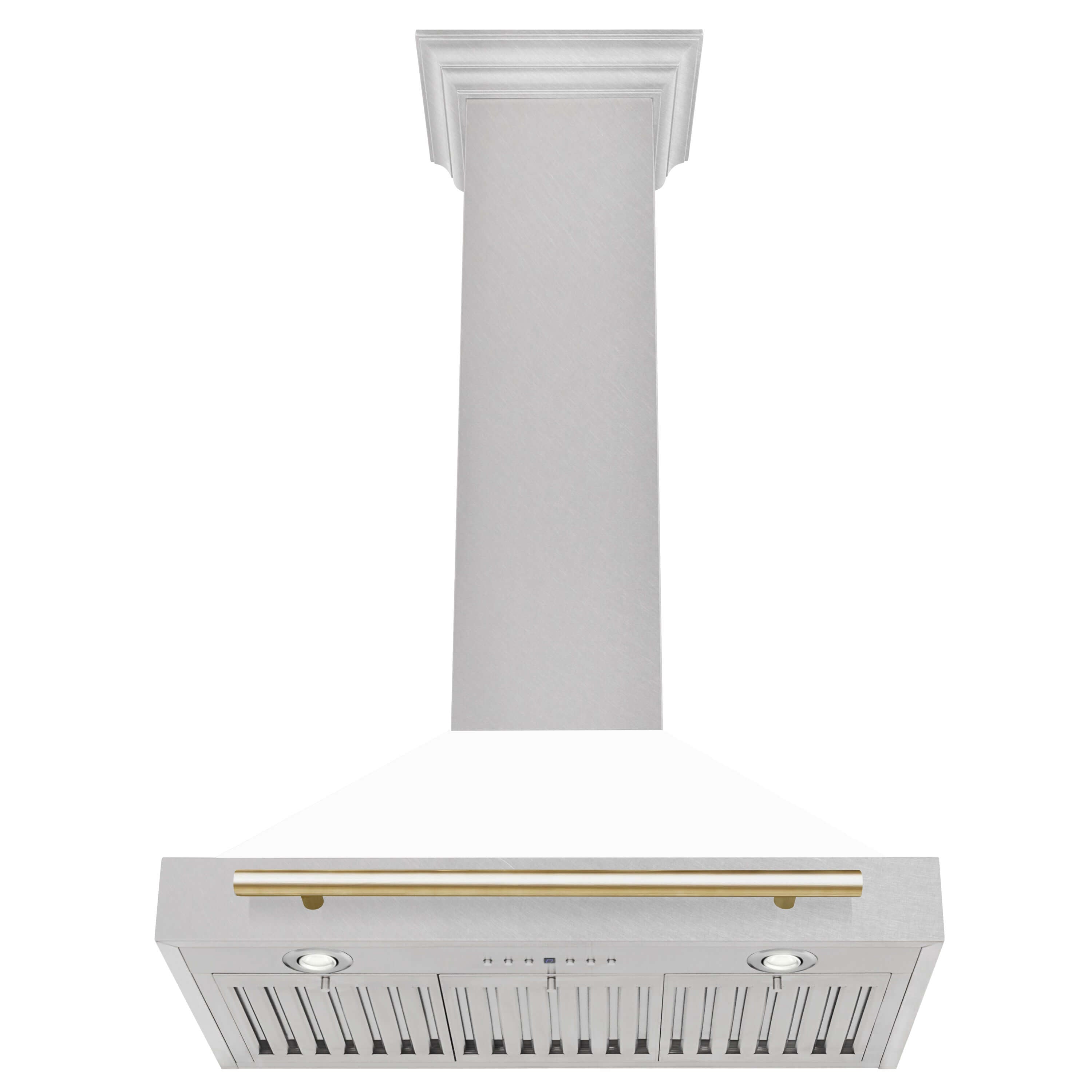 ZLINE 30 in. Autograph Edition Fingerprint Resistant Stainless Steel Range Hood with White Matte Shell and Gold Handle Under View