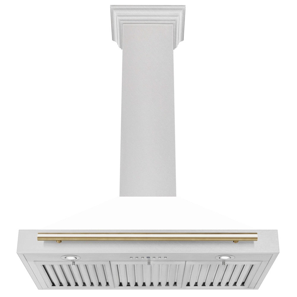 ZLINE 36 in. Autograph Edition in Fingerprint Resistant Stainless Steel Range Hood with White Matte Shell with Gold Handle Under View