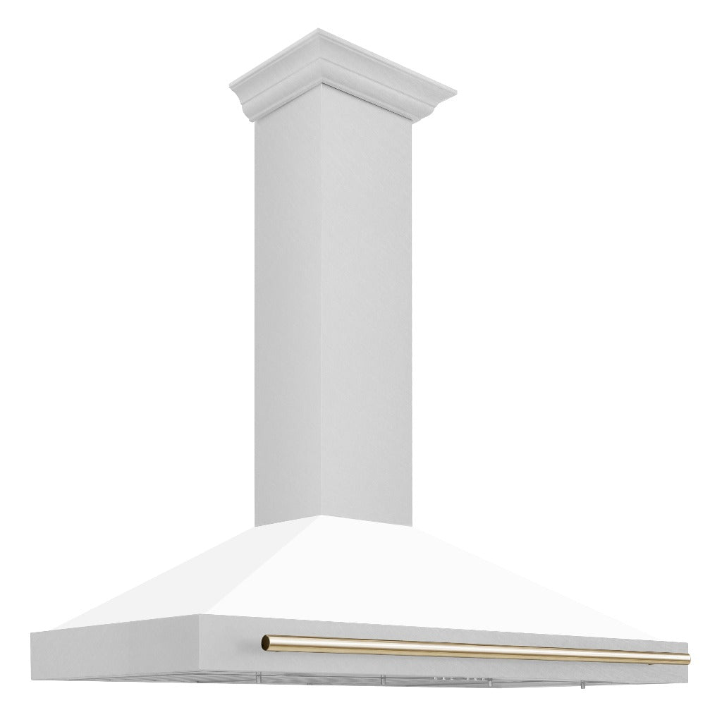 ZLINE Autograph Edition 48 in. Fingerprint Resistant Stainless Steel Range Hood with White Matte Shell and Accented Handles (KB4SNZ-WM48) DuraSnow Stainless Steel with Polished Gold Accent