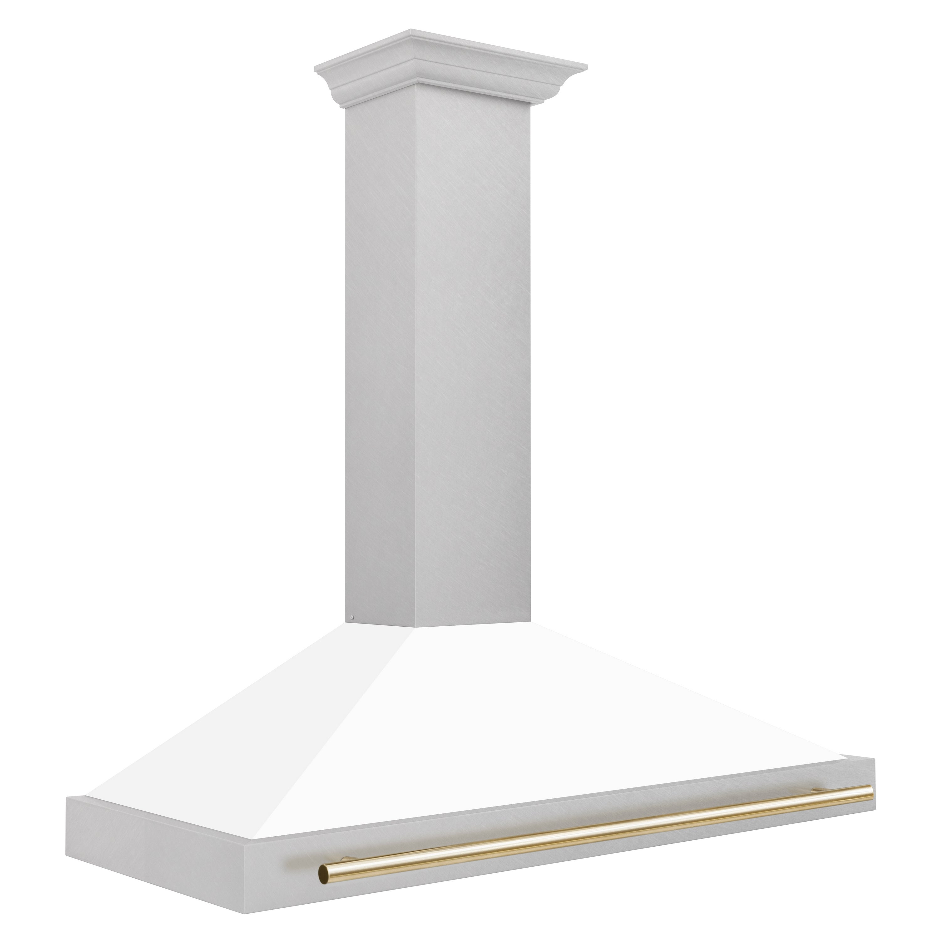 ZLINE 48 in. Autograph Edition Fingerprint Resistant Stainless Steel Range Hood with White Matte Shell with Gold Handle Side View