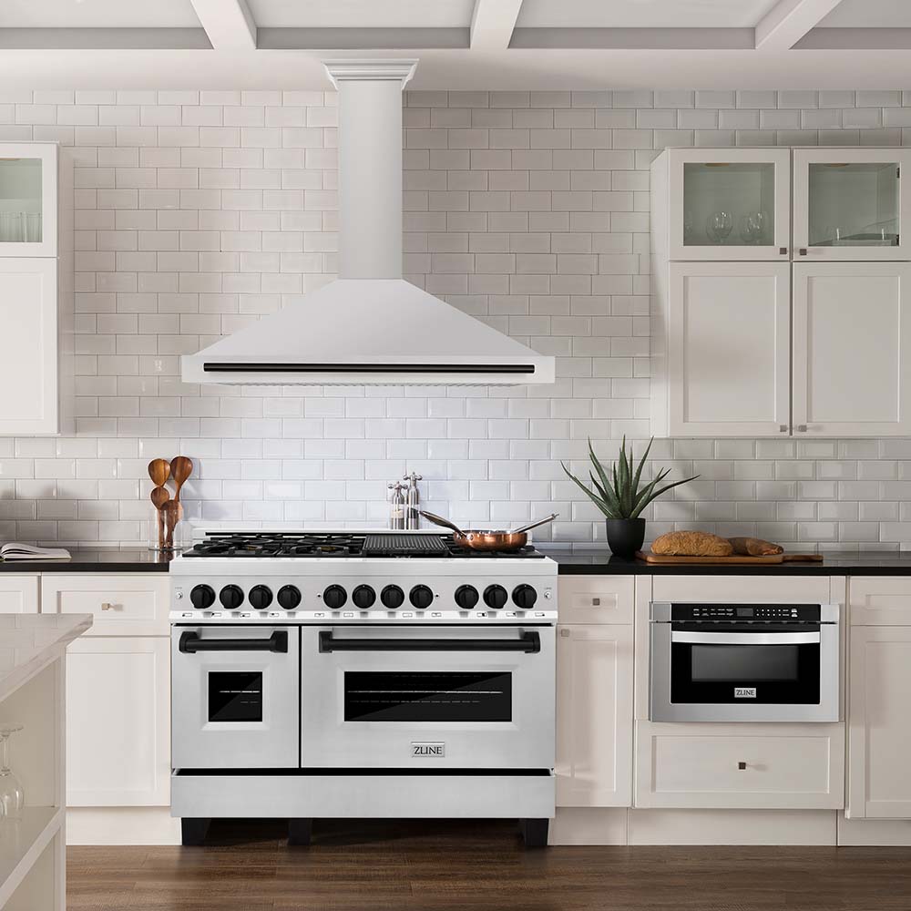 ZLINE 48-inch range and range hood with matte black accents in a farmhouse kitchen