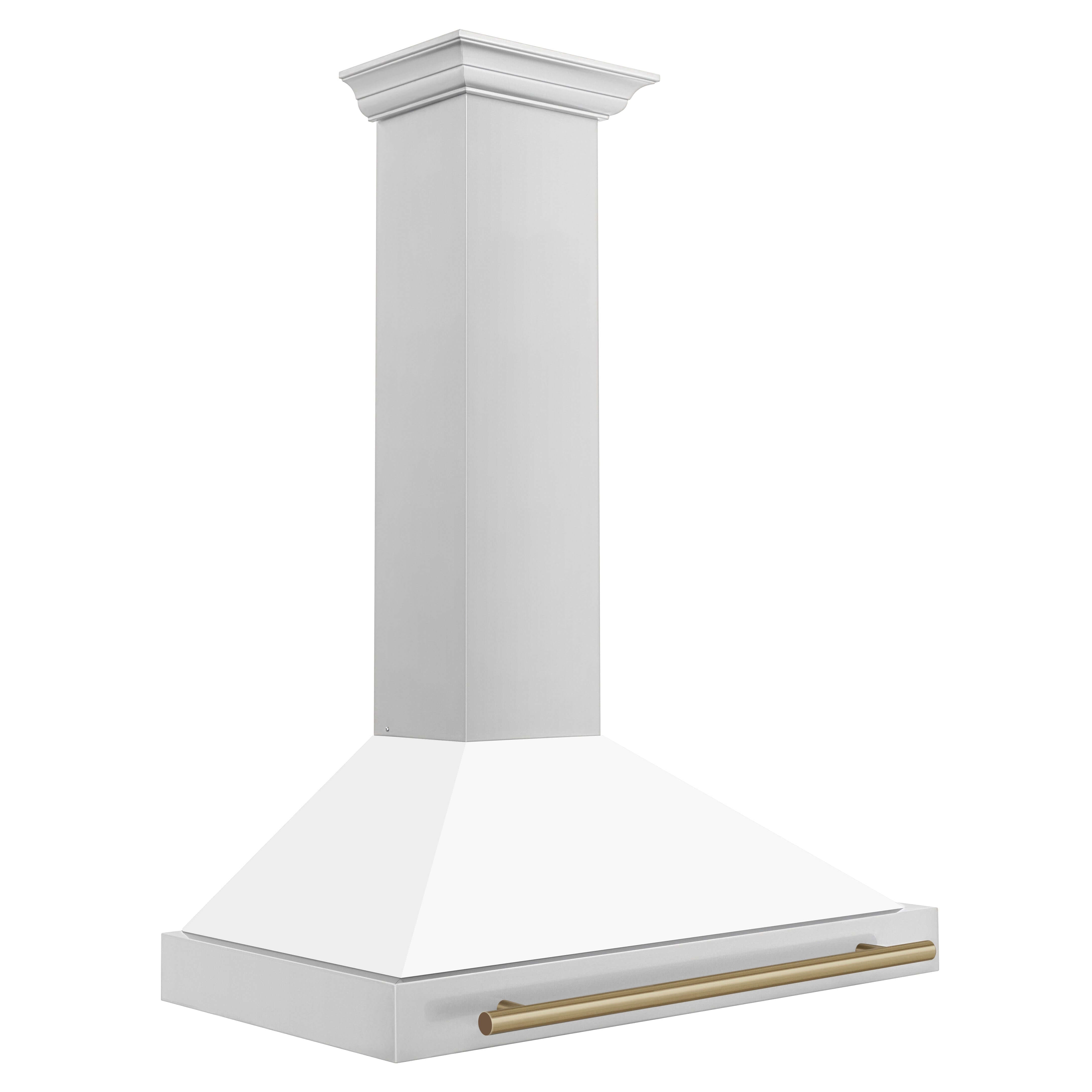 ZLINE 36 in. Autograph Edition Stainless Steel Range Hood with White Matte Shell and Champagne Bronze Accents (KB4STZ-WM36) features crown molding.