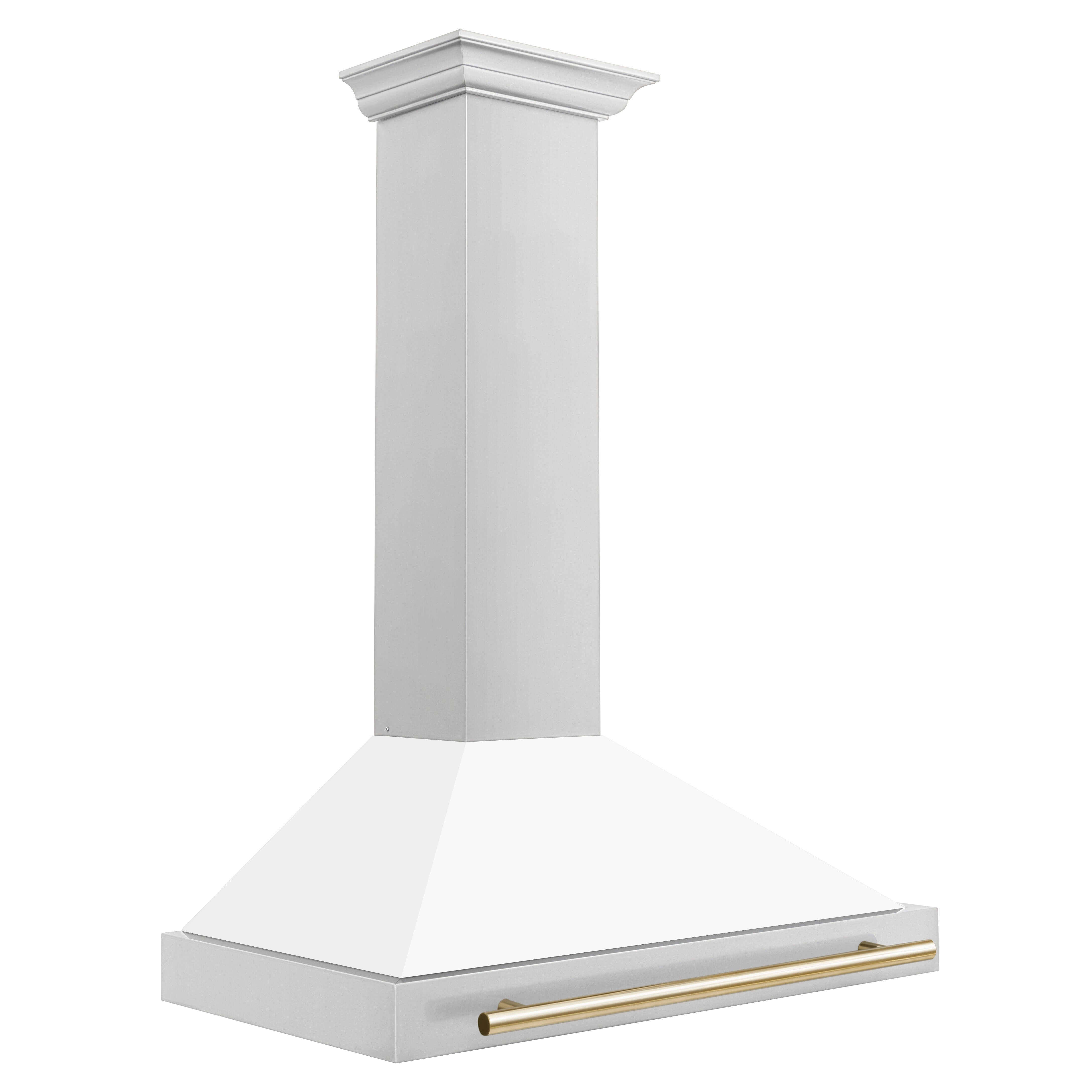 ZLINE 36 in. Autograph Edition Stainless Steel Range Hood with White Matte Shell and Gold Accents (KB4STZ-WM36) features crown molding.