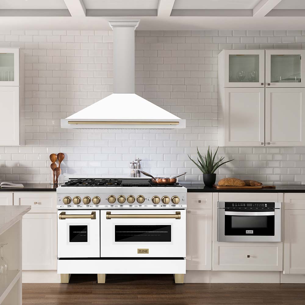 ZLINE 48-inch range and range hood with white matte finish and champagne bronze accents in a farmhouse kitchen