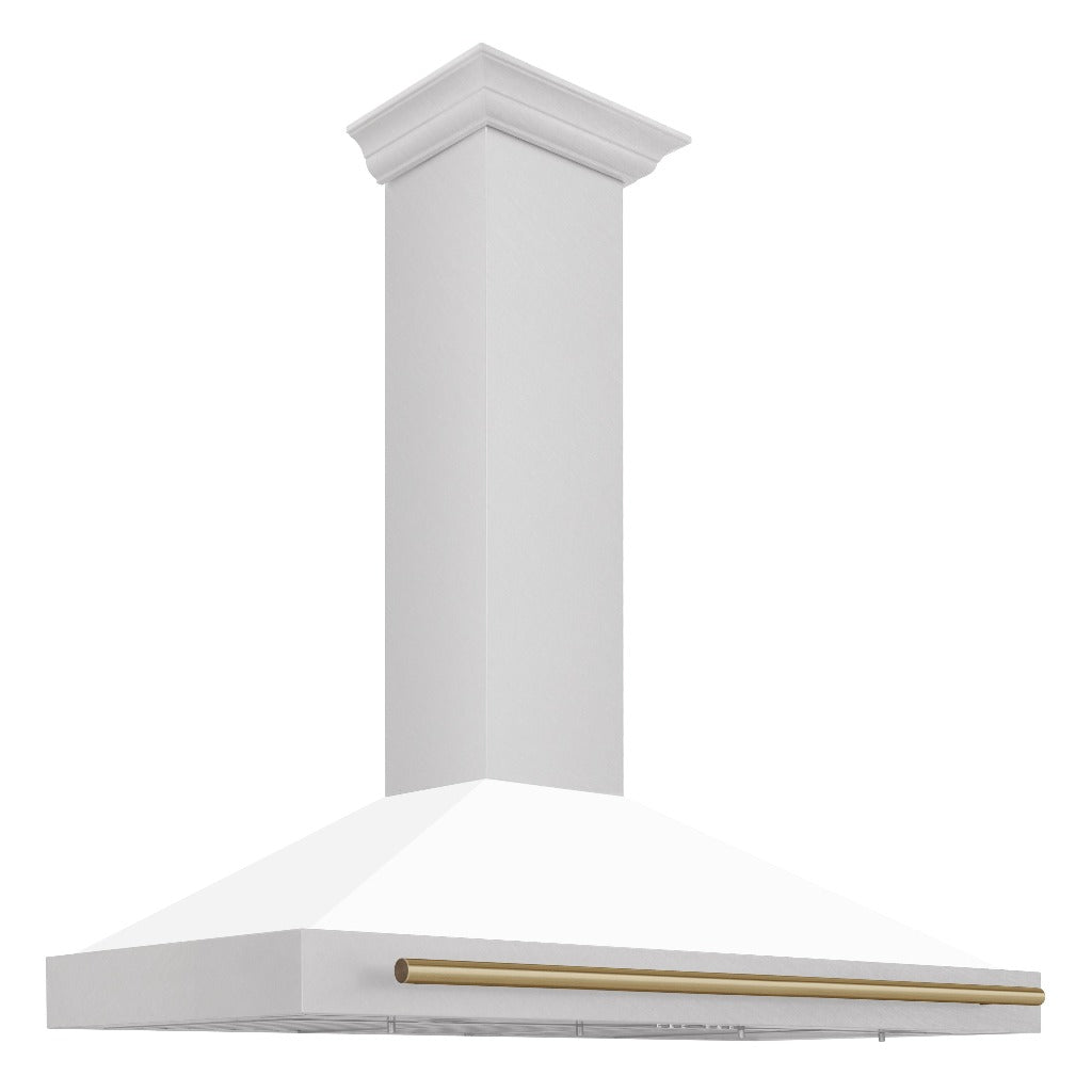 ZLINE Autograph Edition 48 in. Fingerprint Resistant Stainless Steel Range Hood with White Matte Shell and Accented Handles (KB4SNZ-WM48) DuraSnow Stainless Steel with Champagne Bronze Accents