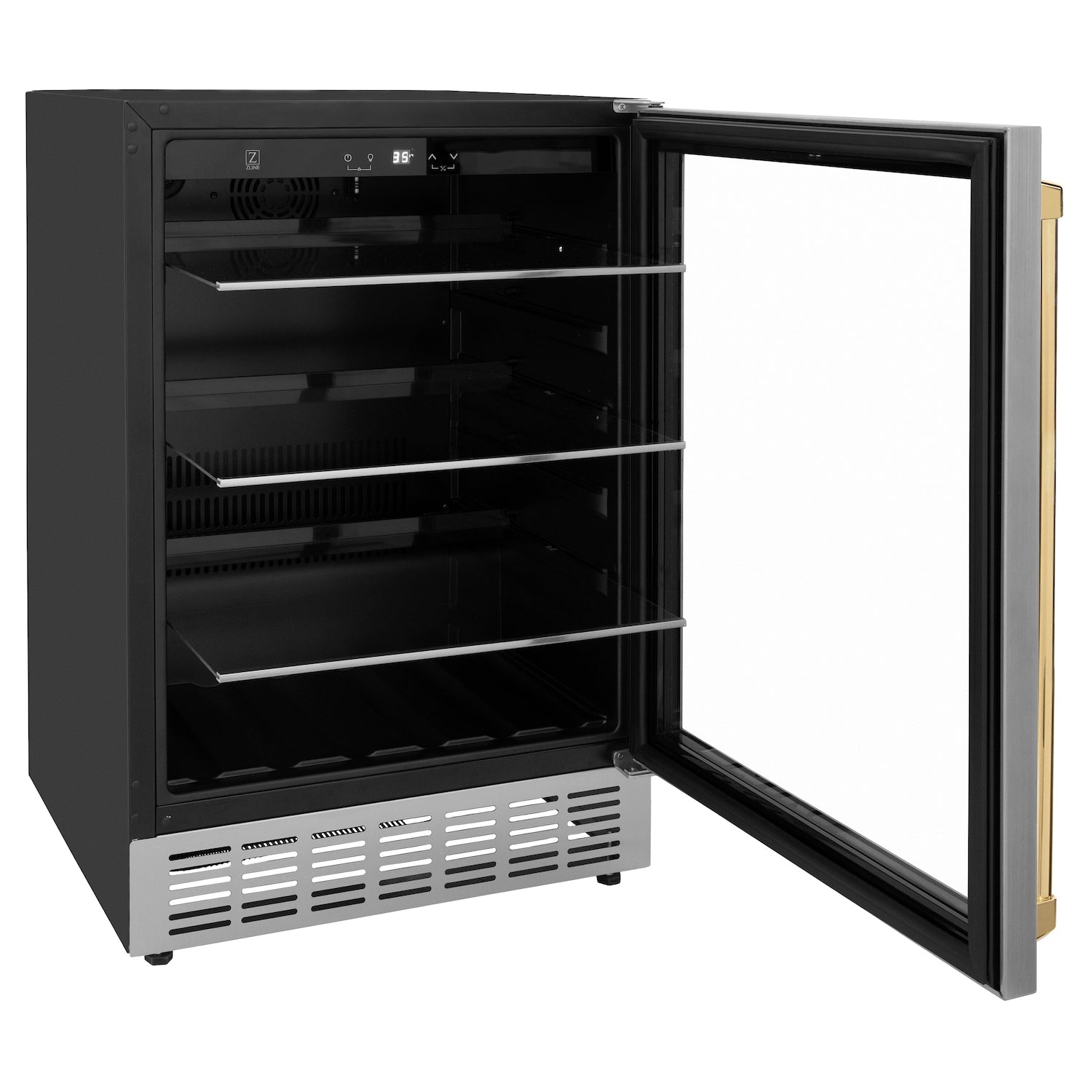 ZLINE Autograph Edition 24" Beverage Fridge with Polished Gold handle side with door open and glass shelving extended.