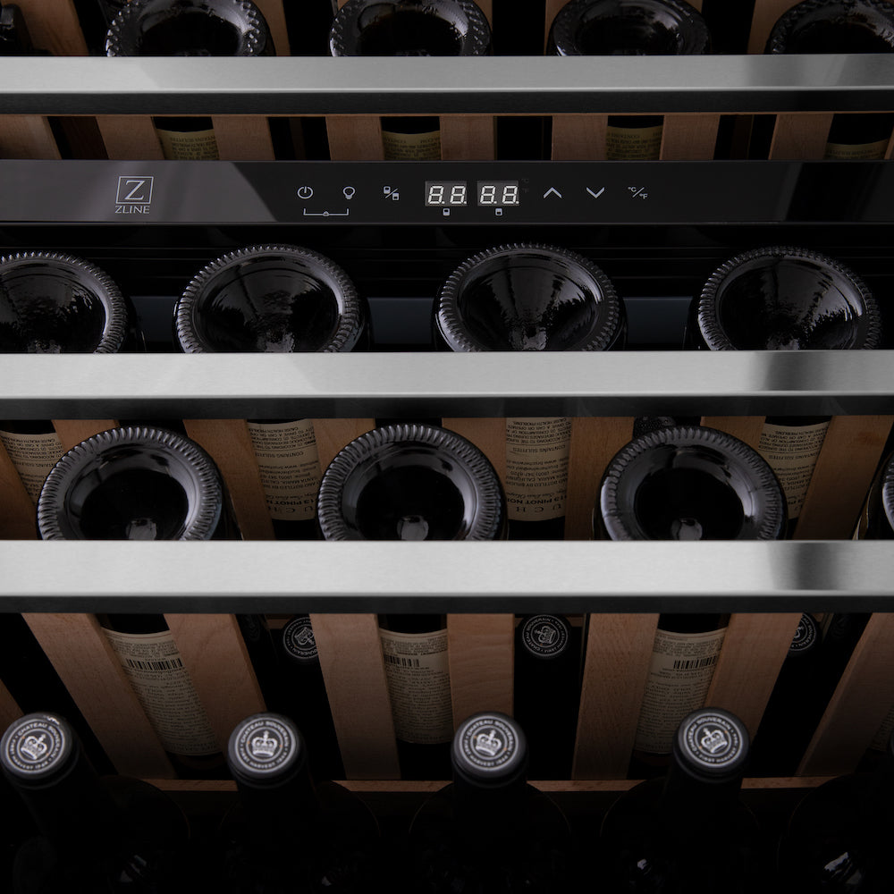 Wine on adjustable wood shelves inside dual zone ZLINE Monument 24" Wine Cooler.