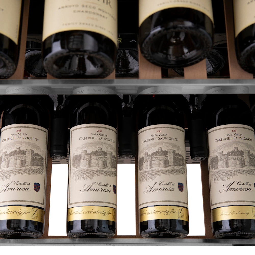 Four bottles of Cabernet Sauvignon inside ZLINE Monument 24" dual zone Wine Cooler.