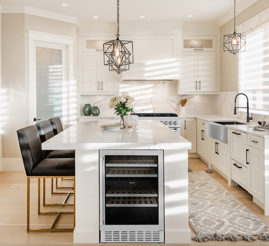ZLINE 24" Monument Wine Cooler in a cottage-style kitchen with island.