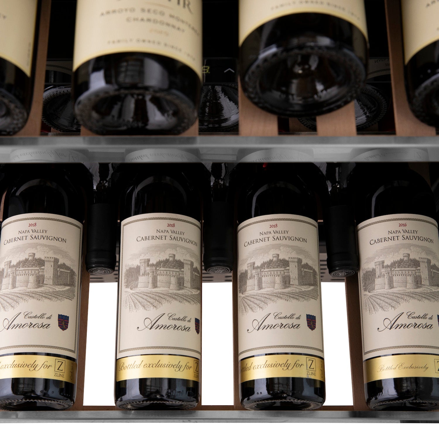 Four bottles of Cabernet Sauvignon in ZLINE Monument Dual Zone Wine Cooler.