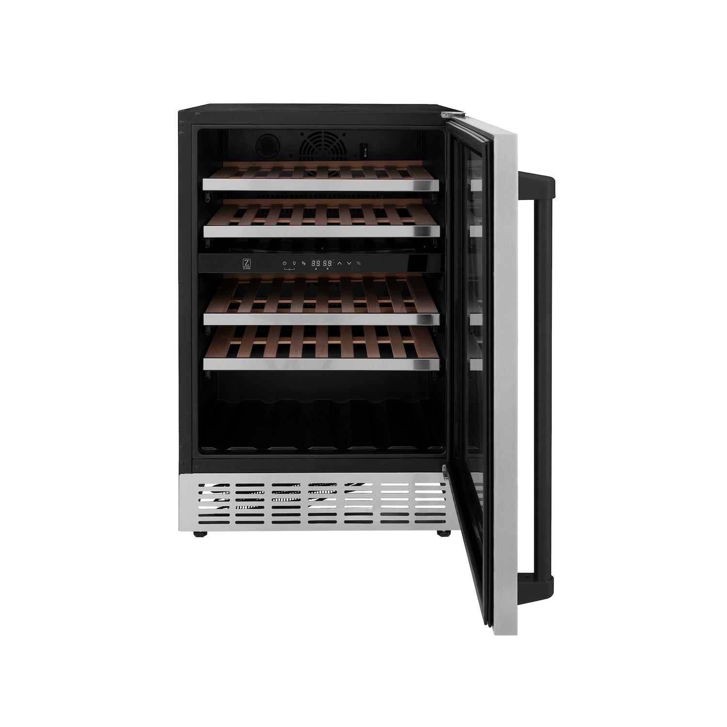 ZLINE Autograph Edition 24" Monument Dual Zone Wine Cooler with Matte Black accents front with door open.