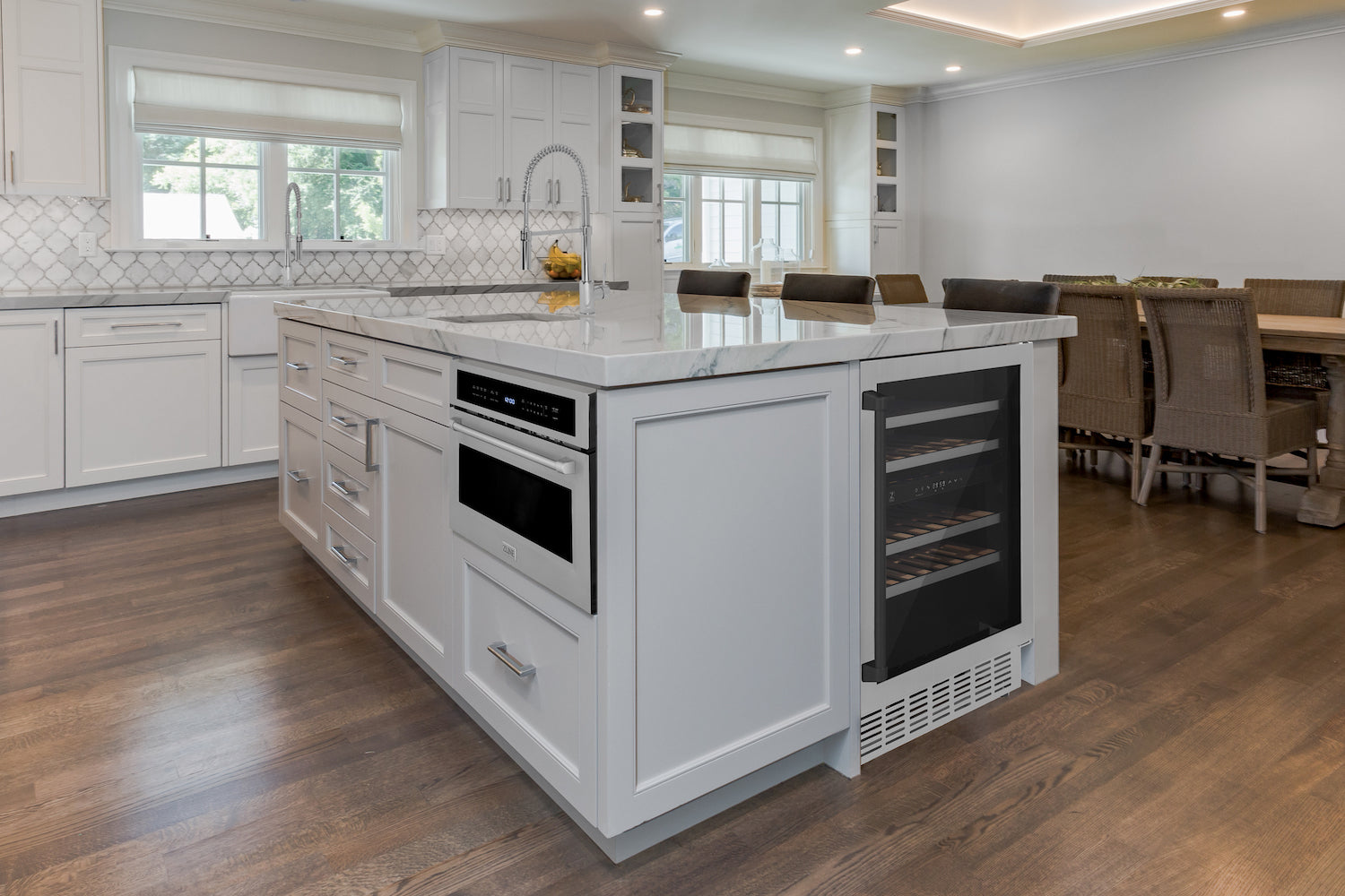 ZLINE 24" Autograph Edition Monument Wine Cooler with Matte Black accents in a farmhouse-style kitchen with island.