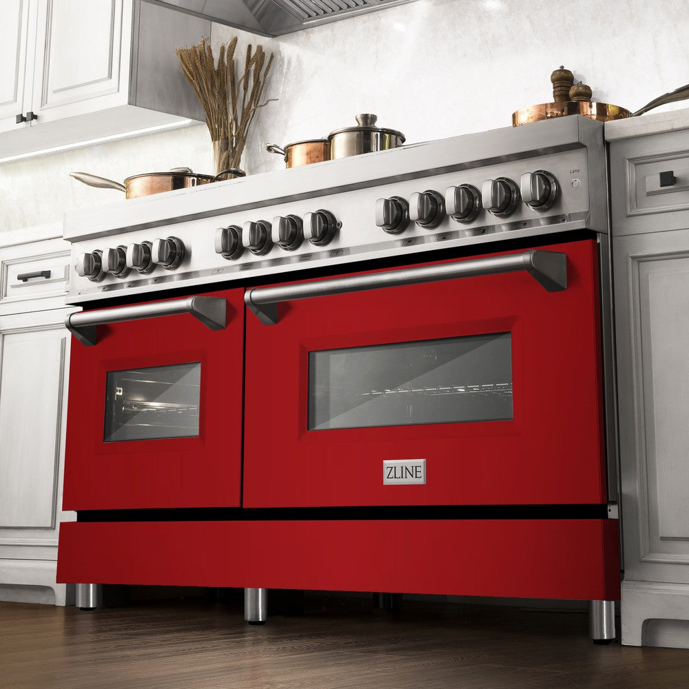 ZLINE 60 in. 7.4 cu. ft. Dual Fuel Range with Gas Stove and Electric Oven in Stainless Steel with Red Gloss Doors (RA-RG-60) from below in a luxury kitchen with cookware on cooktop.