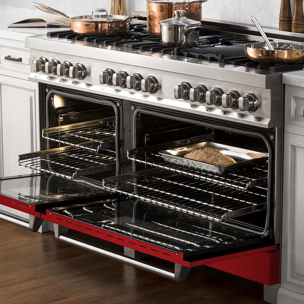 ZLINE 60" range with double oven doors open in luxury kitchen