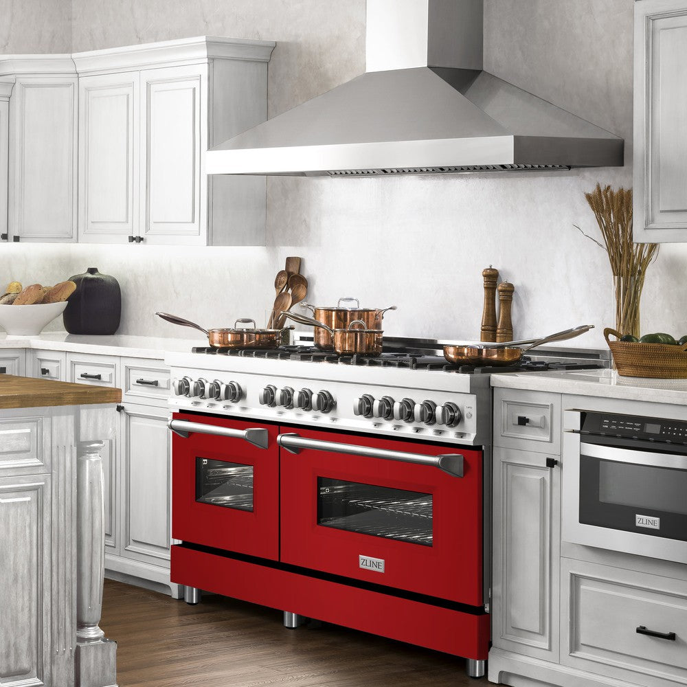 ZLINE 60 in. 7.4 cu. ft. Dual Fuel Range with Gas Stove and Electric Oven in Stainless Steel with Red Gloss Doors (RA-RG-60) from side in a luxury farmhouse-style kitchen.