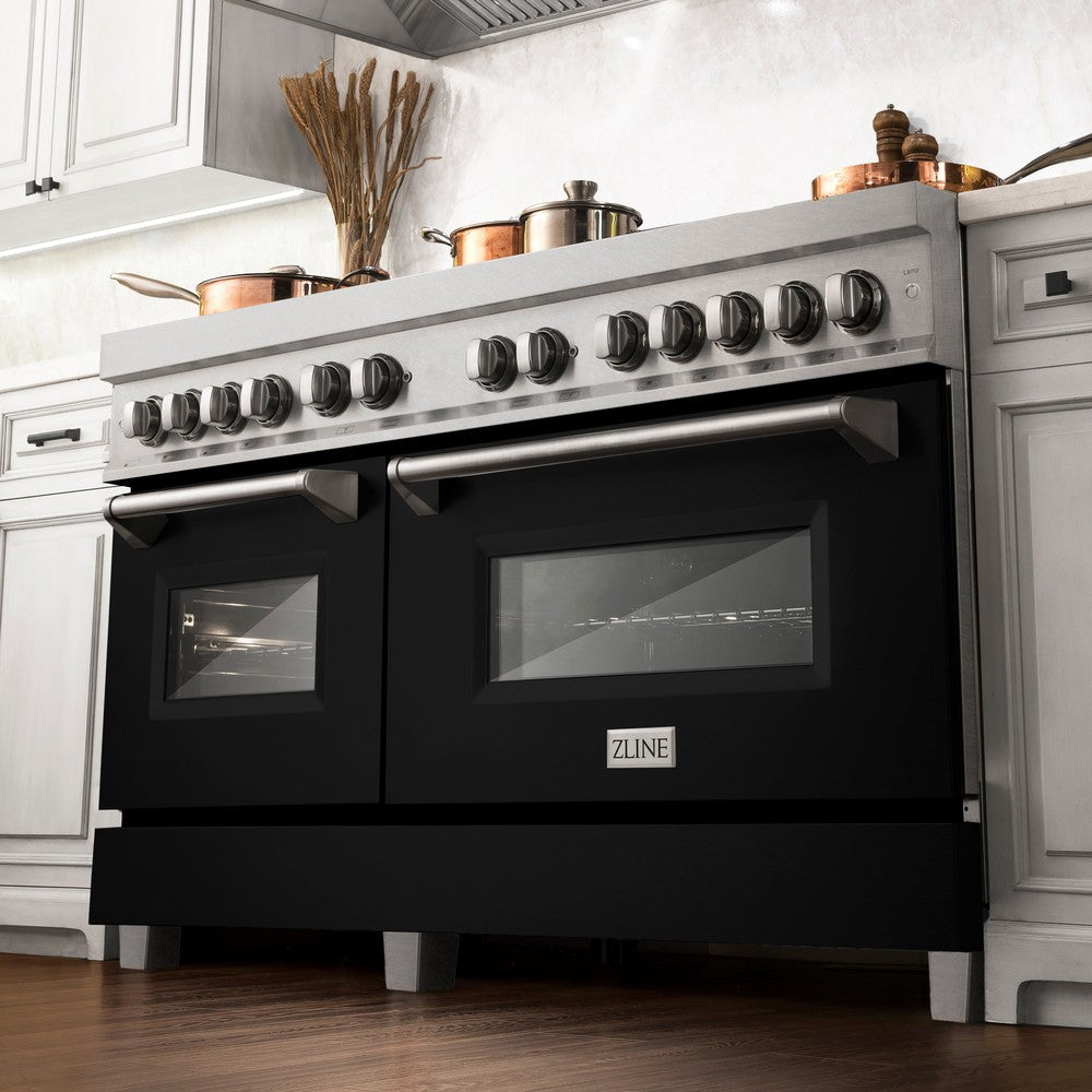 ZLINE 60 In. Professional Dual Fuel Range in DuraSnow® Stainless Steel with Black Matte Doors (RAS-BLM-60) from below in a luxury kitchen with cookware on cooktop.