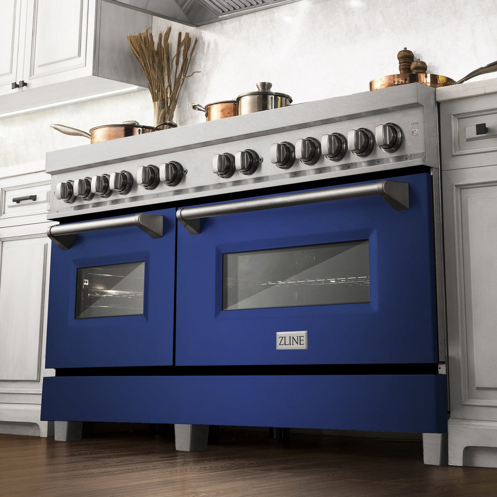 ZLINE 60 in. 7.4 cu. ft. Dual Fuel Range with Gas Stove and Electric Oven in Fingerprint Resistant Stainless Steel with Blue Matte Doors (RAS-BM-60) from below in a luxury kitchen with cookware on cooktop.