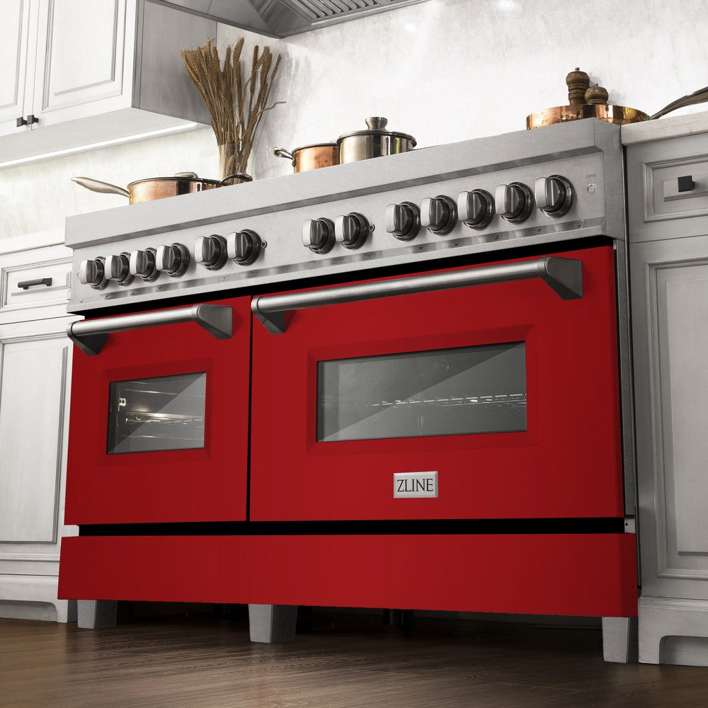 ZLINE 60 in. 7.4 cu. ft. Dual Fuel Range with Gas Stove and Electric Oven in Fingerprint Resistant Stainless Steel and Red Gloss Doors (RAS-RG-60) from below in a luxury kitchen with cookware on cooktop.