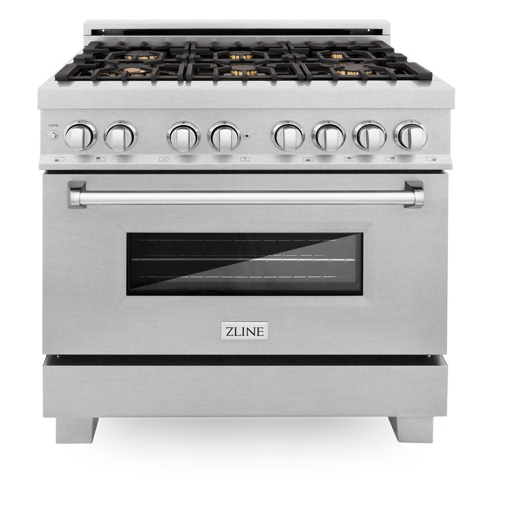 ZLINE 36" Dual Fuel Range in DuraSnow Stainless Steel with brass burners front.