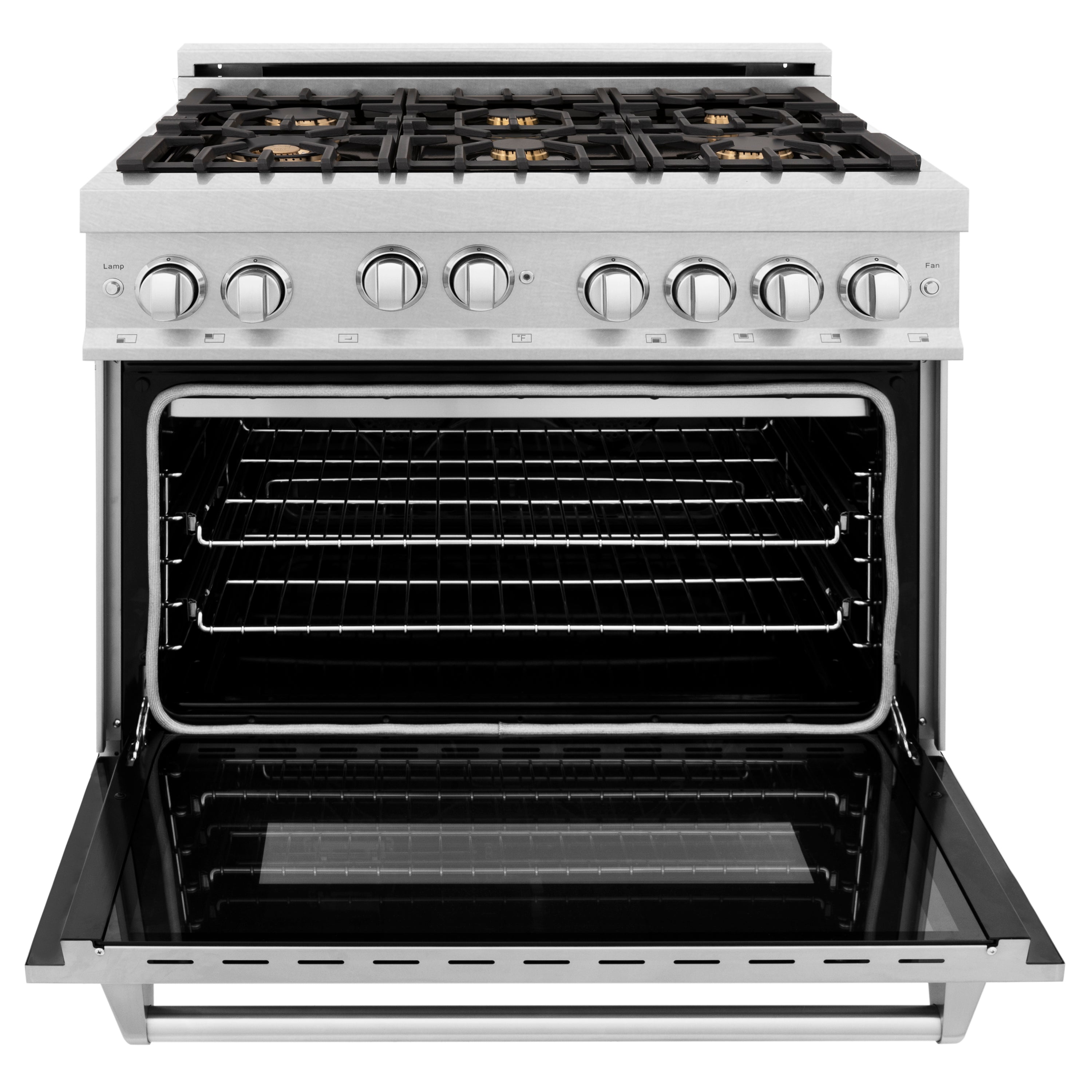 ZLINE 36 in. 4.6 cu. ft. Gas Oven and Gas Cooktop Range with Griddle and Brass Burners in Fingerprint Resistant Stainless Steel (RGS-SN-BR-GR-36)