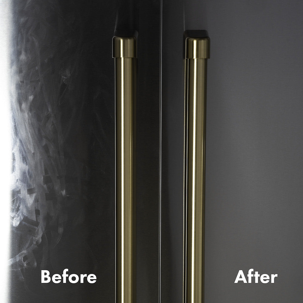 Before and after comparison photo of a stainless steel appliance.