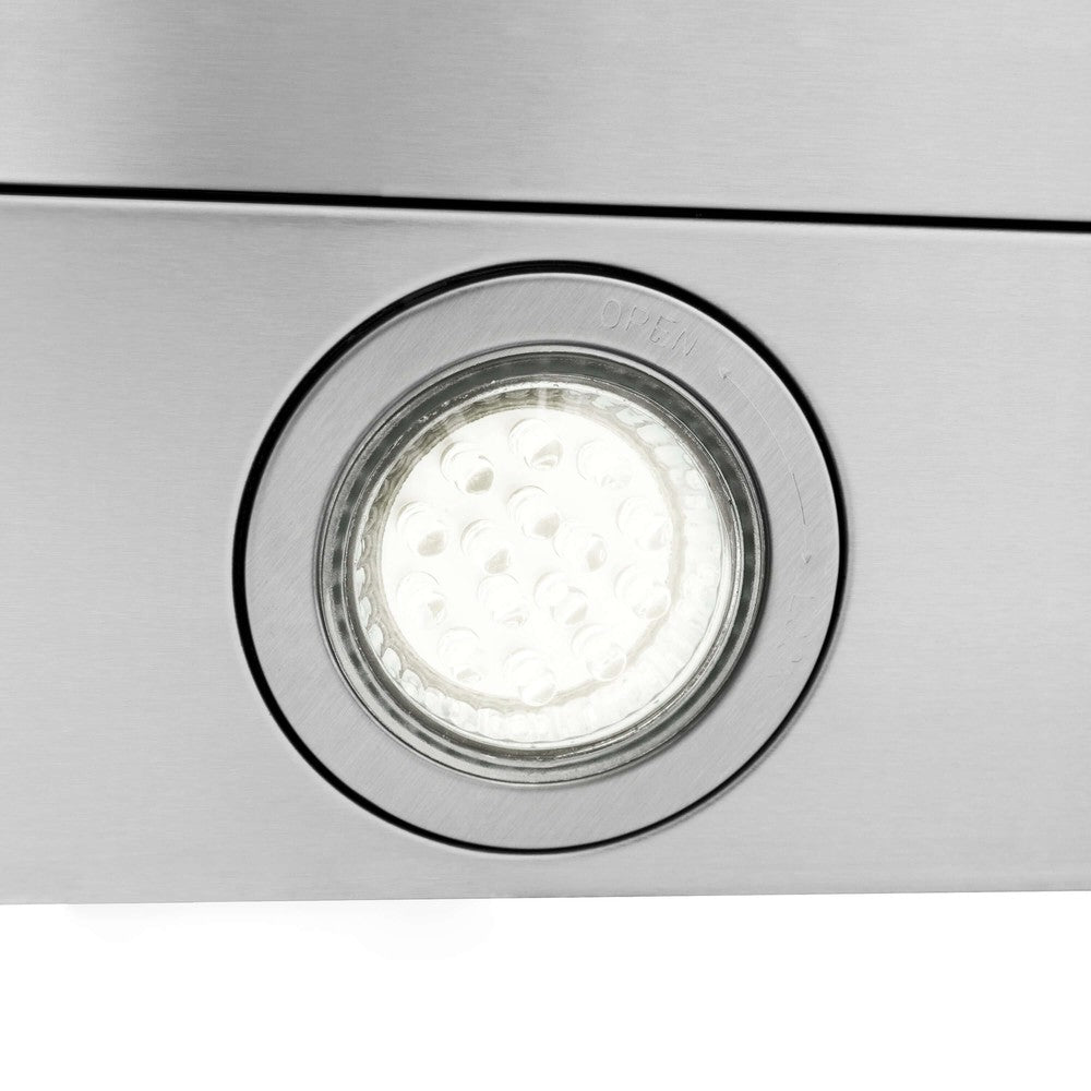 ZLINE Alpine Series Convertible Island Mount Range Hood in Stainless Steel (ALP70IS) built-in LED light close-up.
