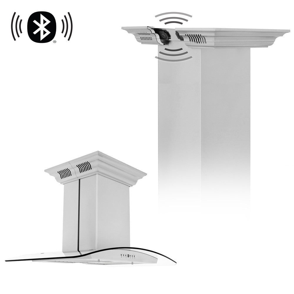 ZLINE Island Mount Range Hood in Stainless Steel and Glass with Built-in CrownSound Bluetooth Speakers (GL5iCRN-BT) main image.